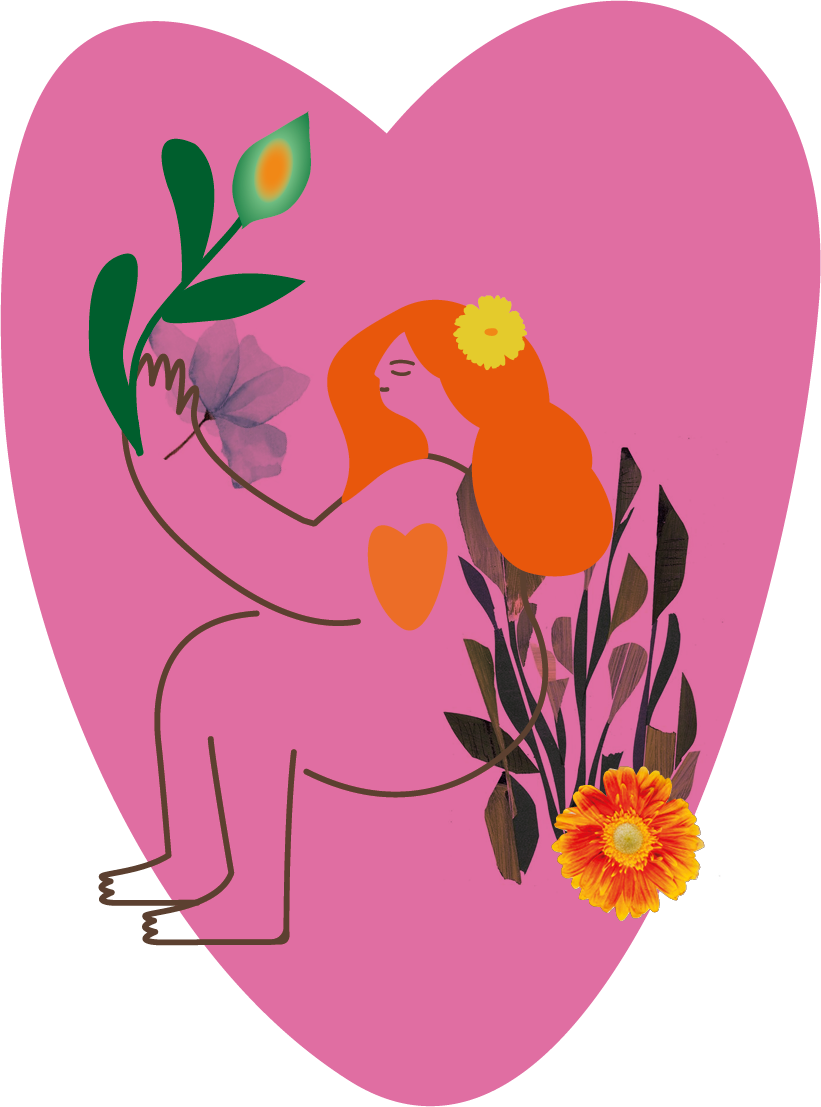 Ilustración de la marca: una figura abraza un corazón rodeada de flores